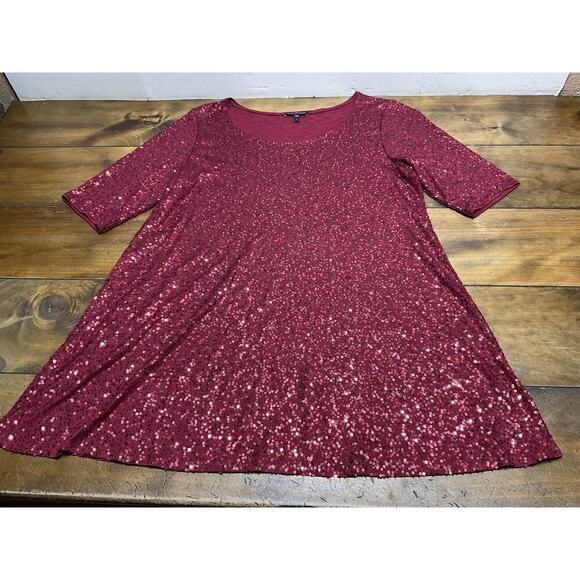 Eileen Fisher 100% Silk Red Sequin Short Sleeve Tunic Dress Size Large - Picture 1 of 9